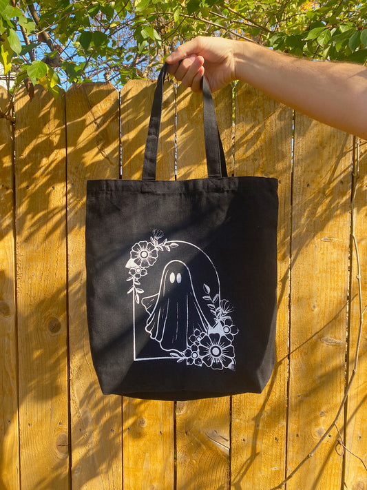 Black Floral Ghost Tote Bag